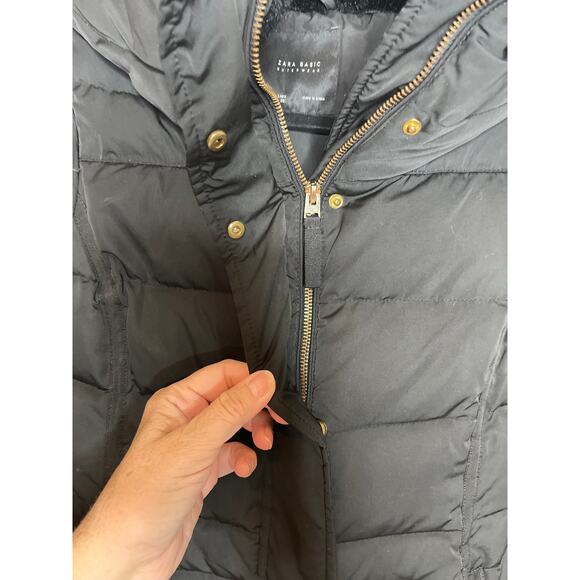 Zara Size Small Black Feather Down filled Puffer Coat Snap and Zip Front Hooded - Picture 4 of 10